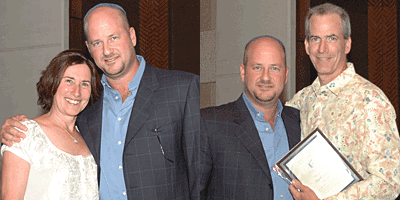 Picture of Outgoing Beth Am President Howard Wolofsky with Harry Gunther Award recipients Donna Feldman and Mark Gilbert. (Photos by Glenn Widom) 