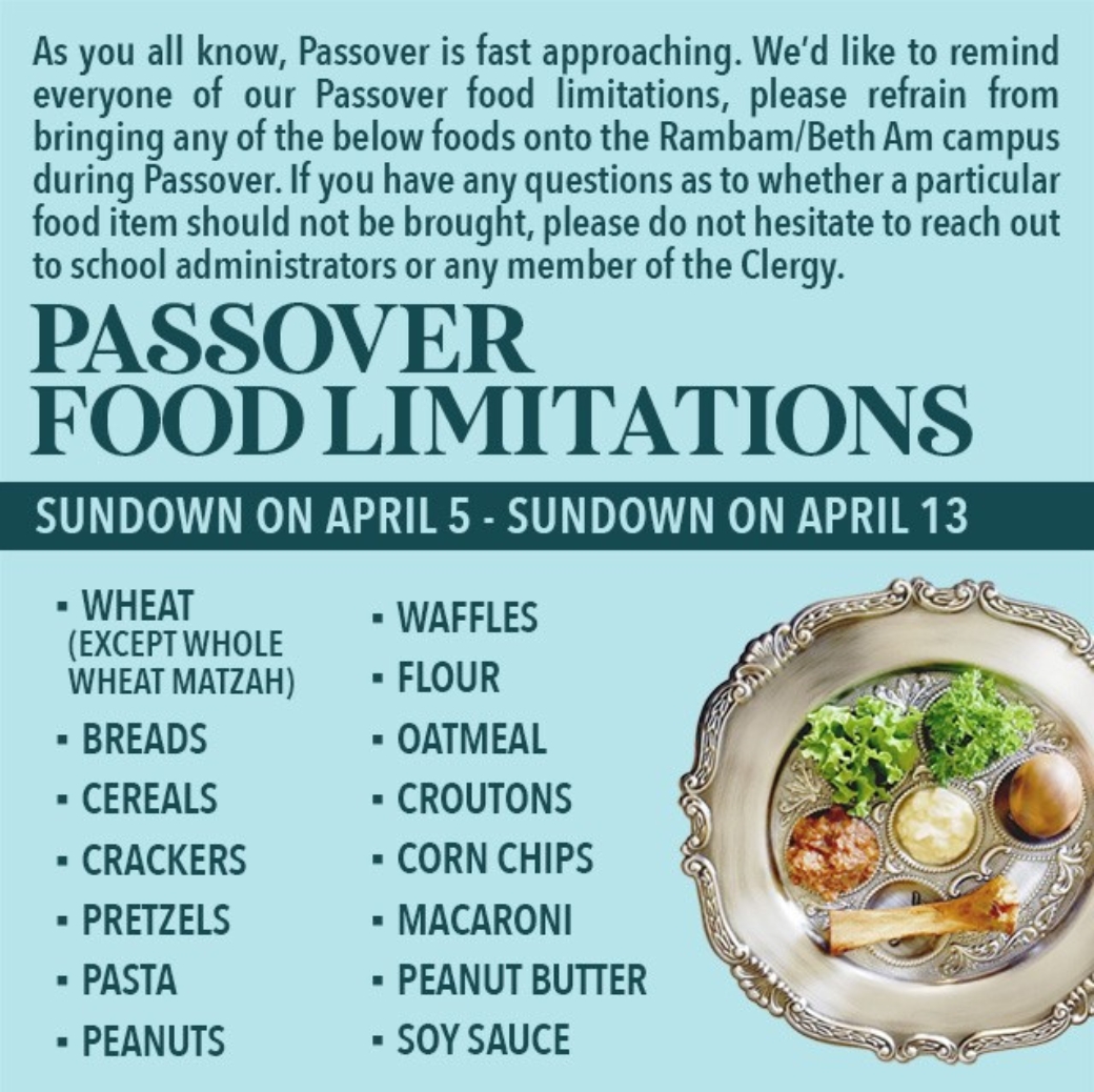 As you all know, Passover is fast approaching. We'd like to remind everyone of our Passover food limitations, please refrain from bringing any of the below foods onto the Rambam/Beth Am campus during Passover. If you have any questions as to whether a particular food item should not be brought, please do not hesitate to reach out to the school administrators or any member of the Clergy. Passover food limitions- Sundown on April 5 to Sundown on April 13. Wheat (except whole wheat matzah), breads, cereals, crackers, pretzels, pasta, peanuts, waffles, flour, oatmeal, croutons, corn chips, macaroni, peanut butter, soy sauce.