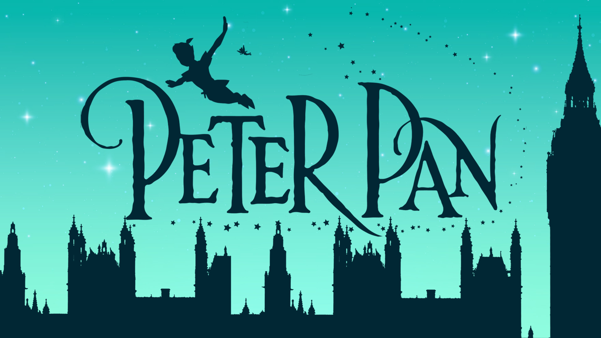 Peter Pan silhouette flying over city