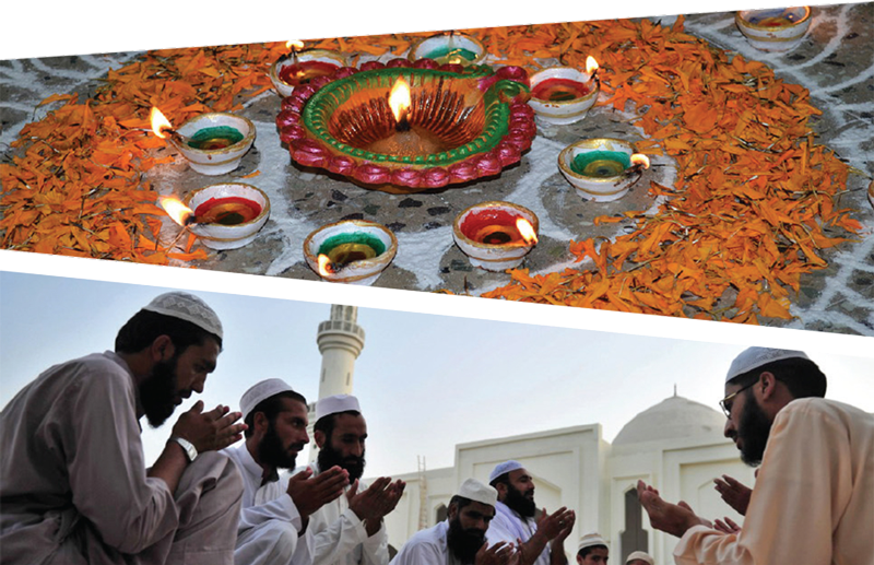 two photos - the top one showing a hindu ritual with oil lamps and the bottom showing a group of Muslim men praying