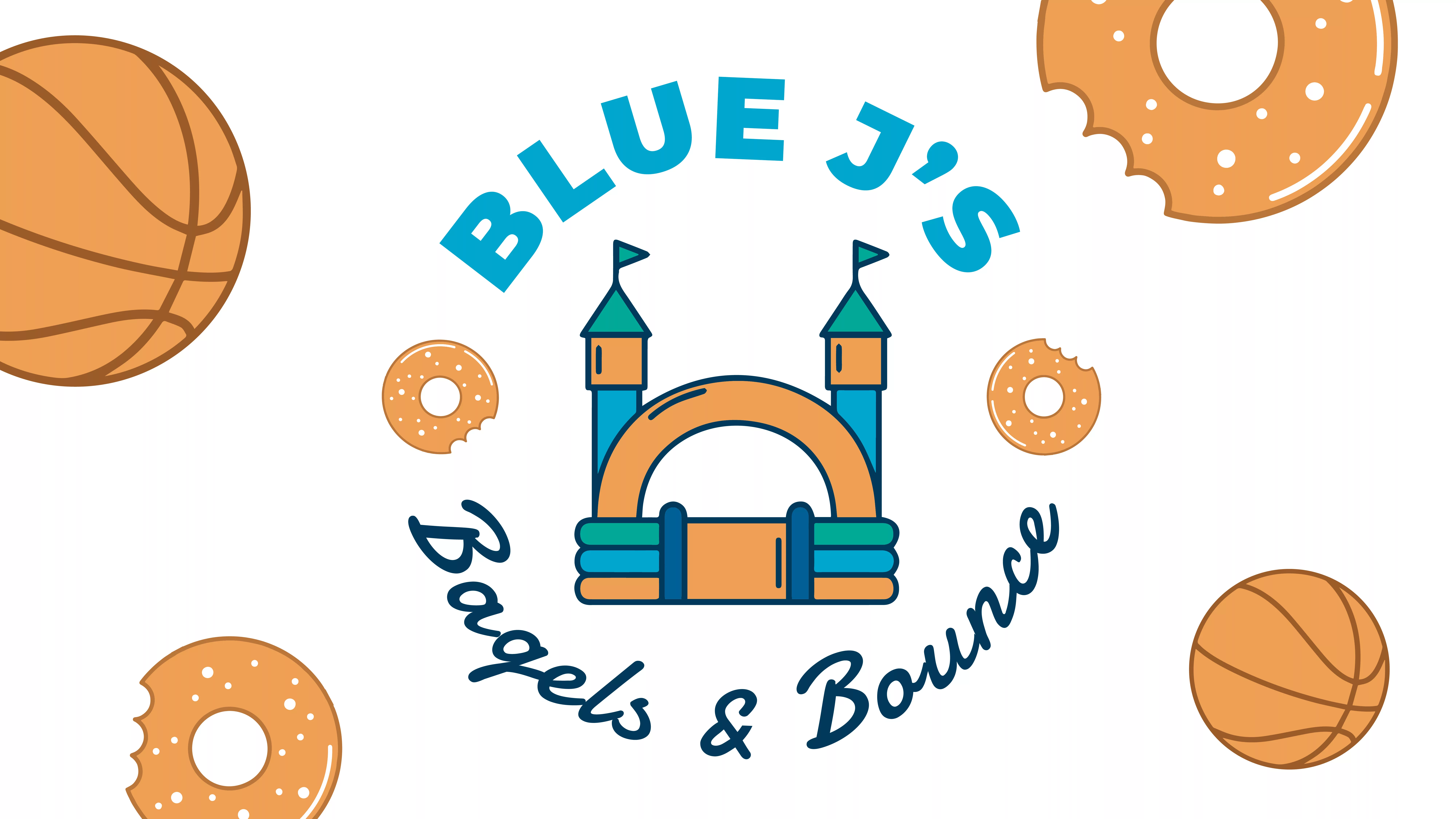 Blue J's Bagels & Bounce Banner, bounce house, basketballs and donuts