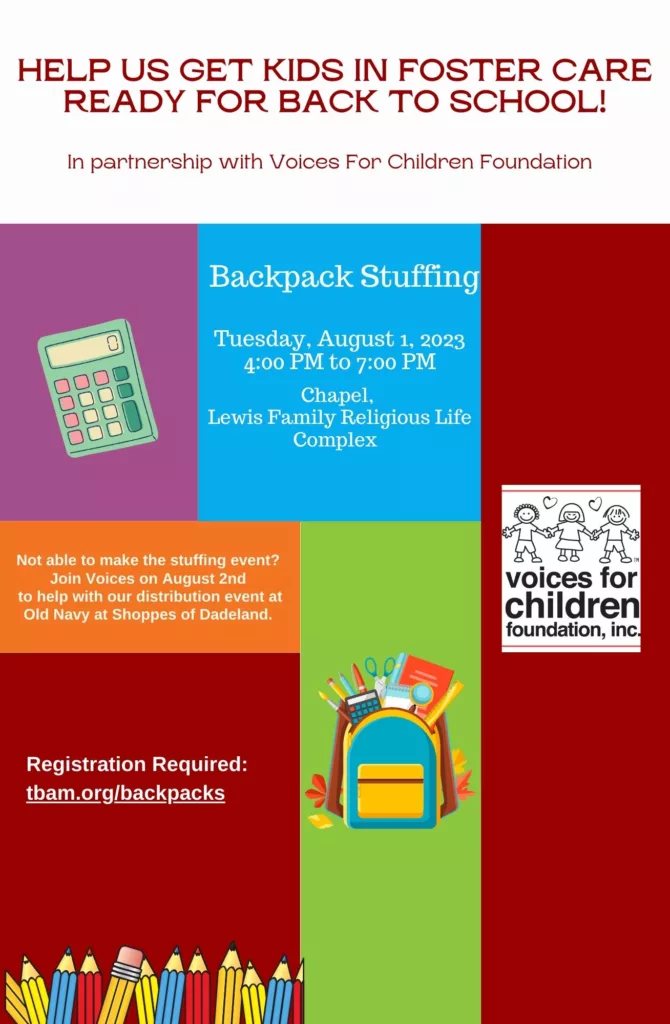 Help us get kids in foster care ready for back to school! In partnership with Voices For Children Foundation Not able to make the stuffing event? Join Voices on August 2nd to help with our distribution event at Old Navy at Shoppes of Dadeland.