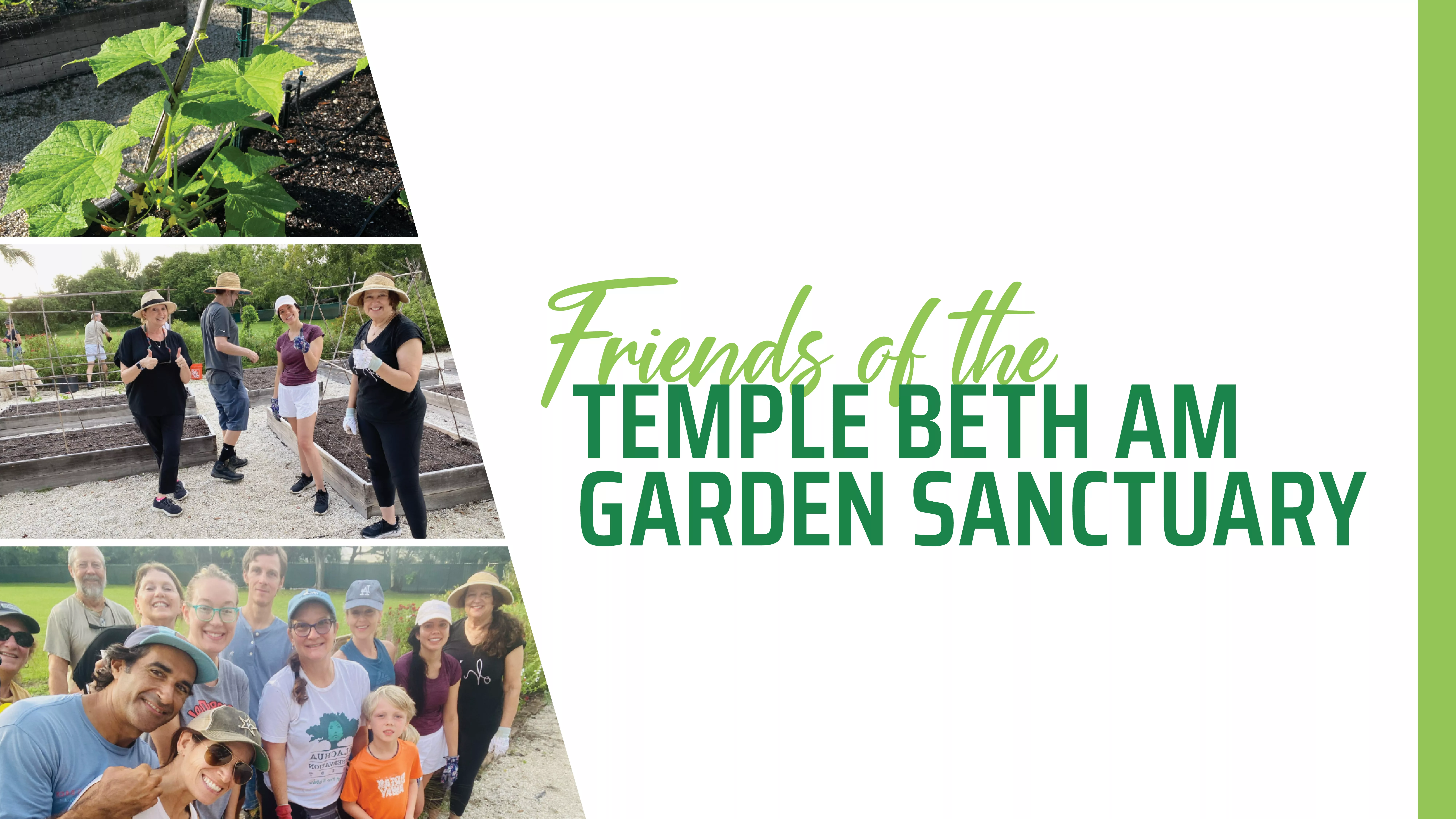 Friends of the temple beth am garden sanctuary plants people smiling next to garden banner